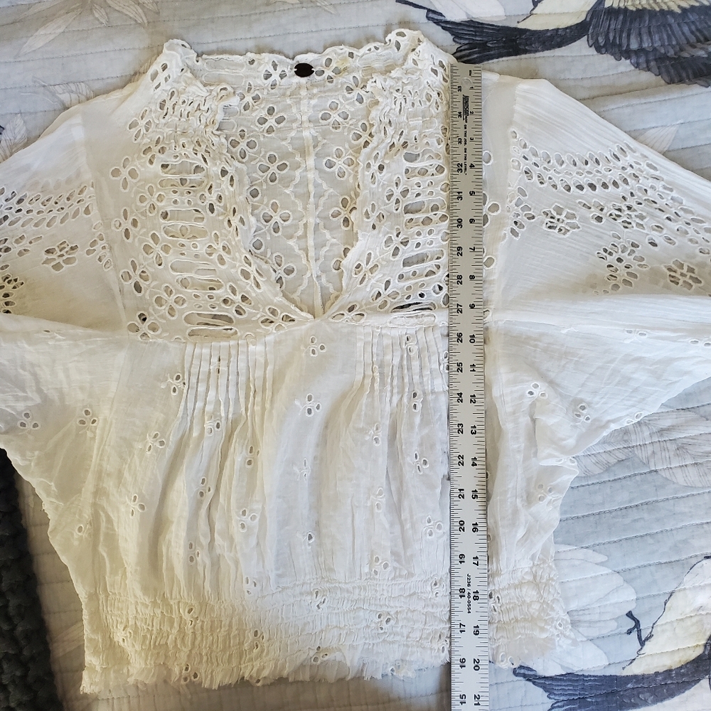 Free People One Clare Eyelet Dolman Longsleeve Blouse Top White 100% Cotton - Picture 9 of 13